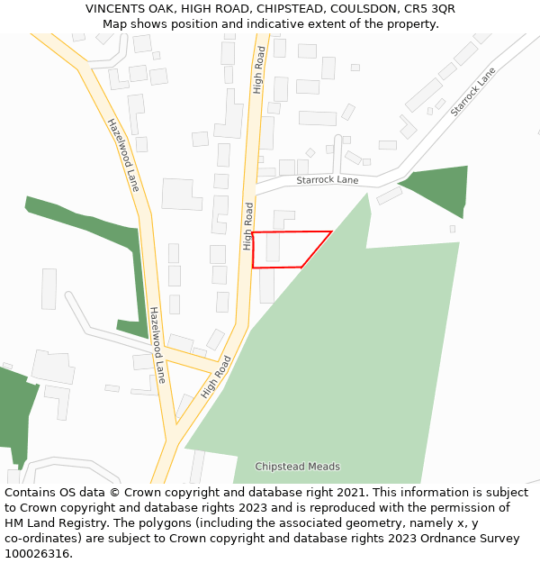 VINCENTS OAK, HIGH ROAD, CHIPSTEAD, COULSDON, CR5 3QR: Location map and indicative extent of plot