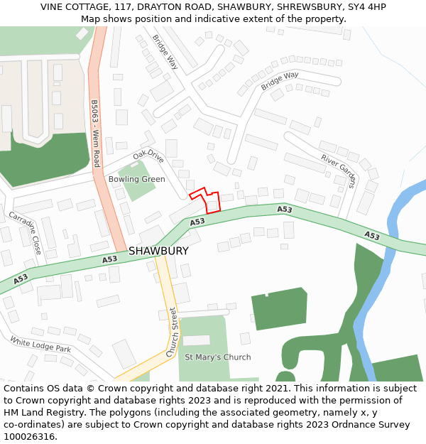 VINE COTTAGE, 117, DRAYTON ROAD, SHAWBURY, SHREWSBURY, SY4 4HP: Location map and indicative extent of plot