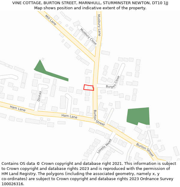 VINE COTTAGE, BURTON STREET, MARNHULL, STURMINSTER NEWTON, DT10 1JJ: Location map and indicative extent of plot