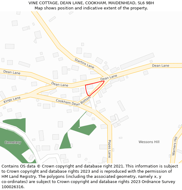 VINE COTTAGE, DEAN LANE, COOKHAM, MAIDENHEAD, SL6 9BH: Location map and indicative extent of plot