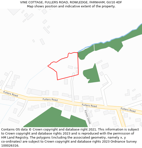 VINE COTTAGE, FULLERS ROAD, ROWLEDGE, FARNHAM, GU10 4DF: Location map and indicative extent of plot