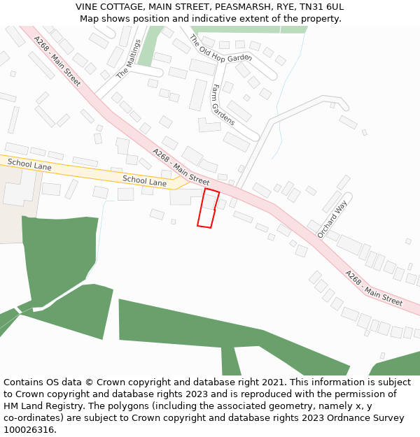 VINE COTTAGE, MAIN STREET, PEASMARSH, RYE, TN31 6UL: Location map and indicative extent of plot