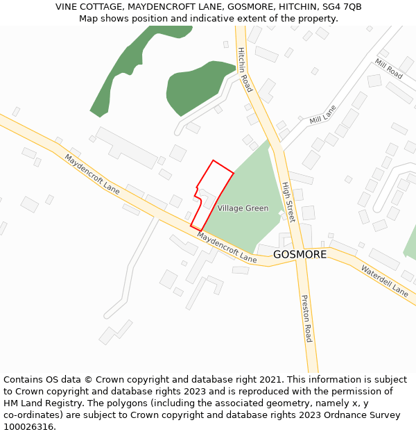 VINE COTTAGE, MAYDENCROFT LANE, GOSMORE, HITCHIN, SG4 7QB: Location map and indicative extent of plot