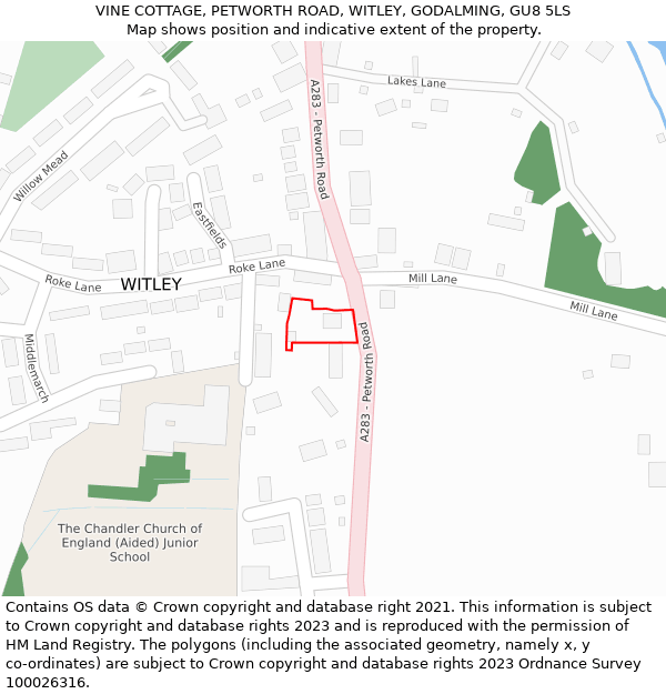 VINE COTTAGE, PETWORTH ROAD, WITLEY, GODALMING, GU8 5LS: Location map and indicative extent of plot