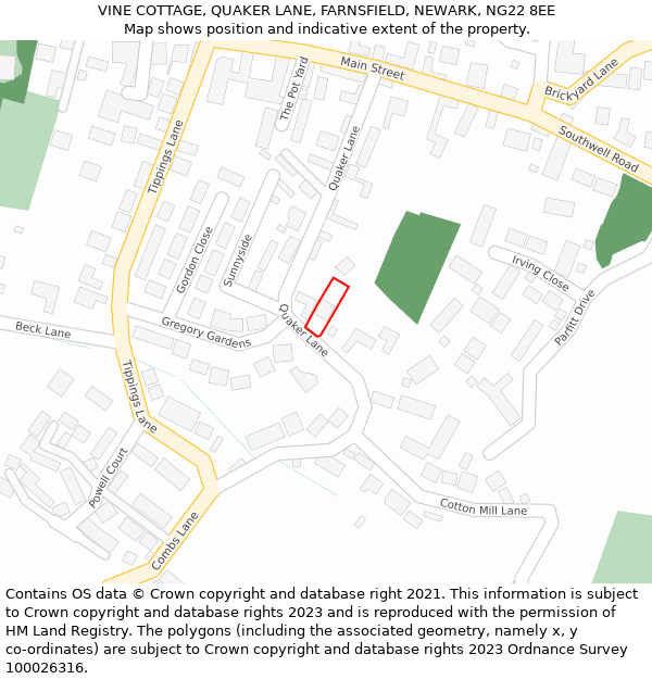 VINE COTTAGE, QUAKER LANE, FARNSFIELD, NEWARK, NG22 8EE: Location map and indicative extent of plot