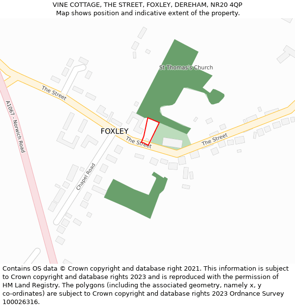 VINE COTTAGE, THE STREET, FOXLEY, DEREHAM, NR20 4QP: Location map and indicative extent of plot
