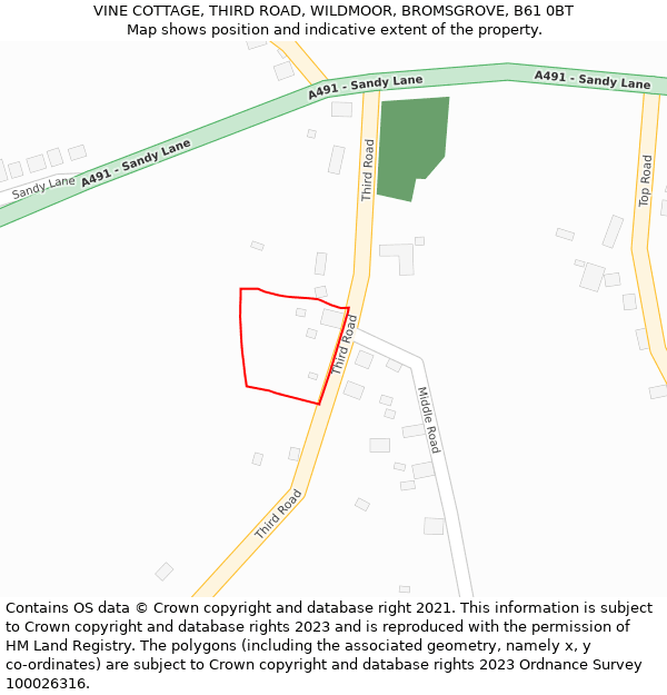 VINE COTTAGE, THIRD ROAD, WILDMOOR, BROMSGROVE, B61 0BT: Location map and indicative extent of plot