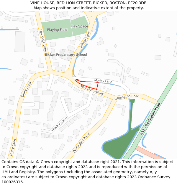VINE HOUSE, RED LION STREET, BICKER, BOSTON, PE20 3DR: Location map and indicative extent of plot
