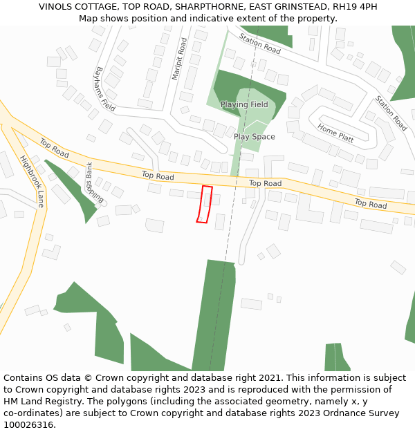 VINOLS COTTAGE, TOP ROAD, SHARPTHORNE, EAST GRINSTEAD, RH19 4PH: Location map and indicative extent of plot