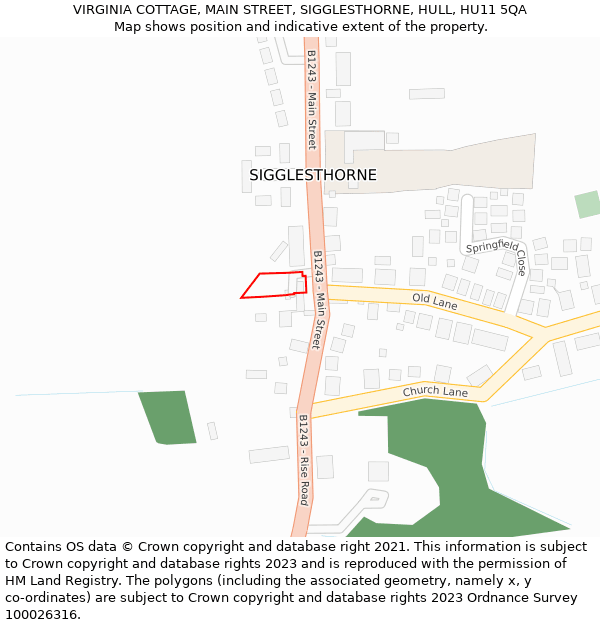 VIRGINIA COTTAGE, MAIN STREET, SIGGLESTHORNE, HULL, HU11 5QA: Location map and indicative extent of plot