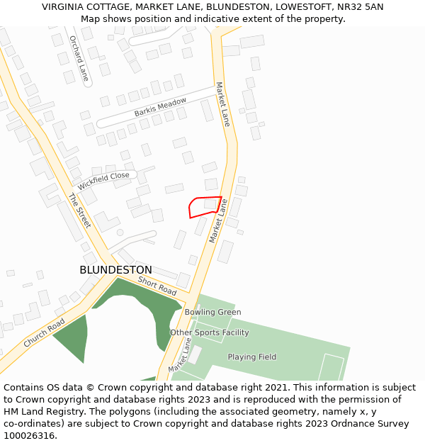 VIRGINIA COTTAGE, MARKET LANE, BLUNDESTON, LOWESTOFT, NR32 5AN: Location map and indicative extent of plot