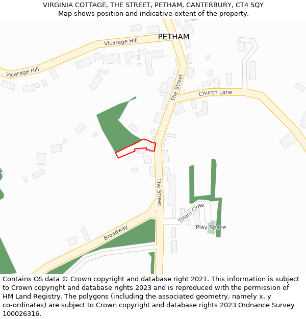 VIRGINIA COTTAGE, THE STREET, PETHAM, CANTERBURY, CT4 5QY: Location map and indicative extent of plot