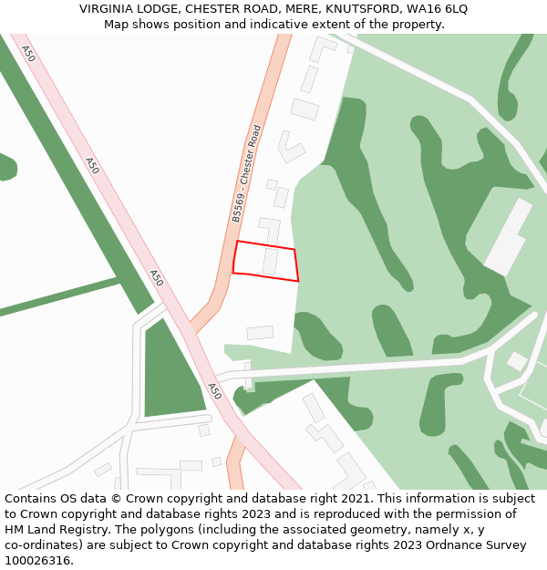 VIRGINIA LODGE, CHESTER ROAD, MERE, KNUTSFORD, WA16 6LQ: Location map and indicative extent of plot