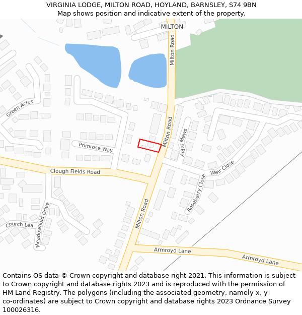 VIRGINIA LODGE, MILTON ROAD, HOYLAND, BARNSLEY, S74 9BN: Location map and indicative extent of plot