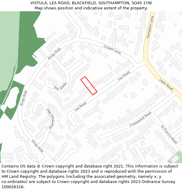 VISTULA, LEA ROAD, BLACKFIELD, SOUTHAMPTON, SO45 1YW: Location map and indicative extent of plot