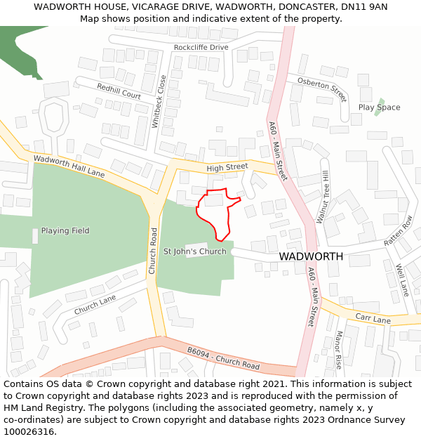 WADWORTH HOUSE, VICARAGE DRIVE, WADWORTH, DONCASTER, DN11 9AN: Location map and indicative extent of plot