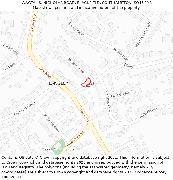 WAGTAILS, NICHOLAS ROAD, BLACKFIELD, SOUTHAMPTON, SO45 1YS: Location map and indicative extent of plot