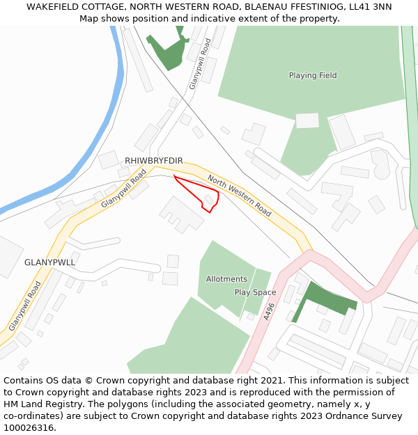 WAKEFIELD COTTAGE, NORTH WESTERN ROAD, BLAENAU FFESTINIOG, LL41 3NN: Location map and indicative extent of plot