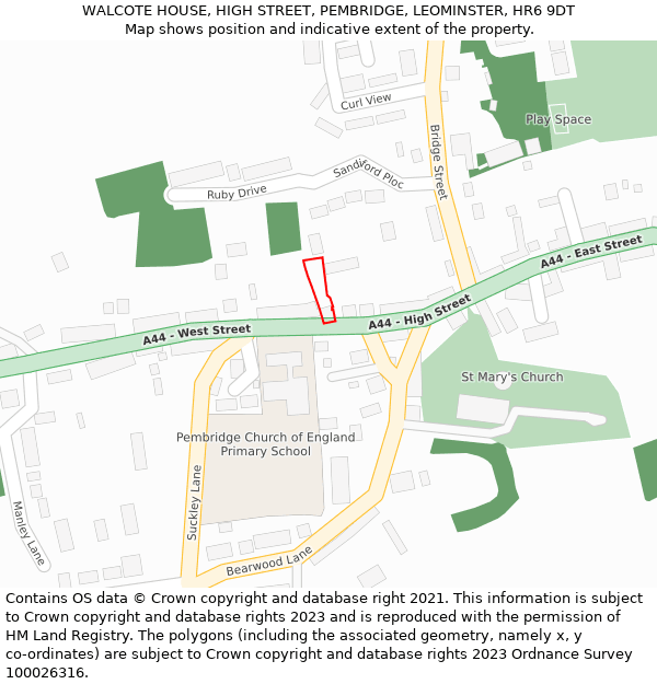 WALCOTE HOUSE, HIGH STREET, PEMBRIDGE, LEOMINSTER, HR6 9DT: Location map and indicative extent of plot