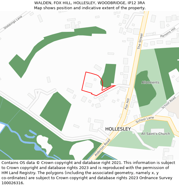 WALDEN, FOX HILL, HOLLESLEY, WOODBRIDGE, IP12 3RA: Location map and indicative extent of plot