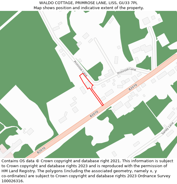 WALDO COTTAGE, PRIMROSE LANE, LISS, GU33 7PL: Location map and indicative extent of plot