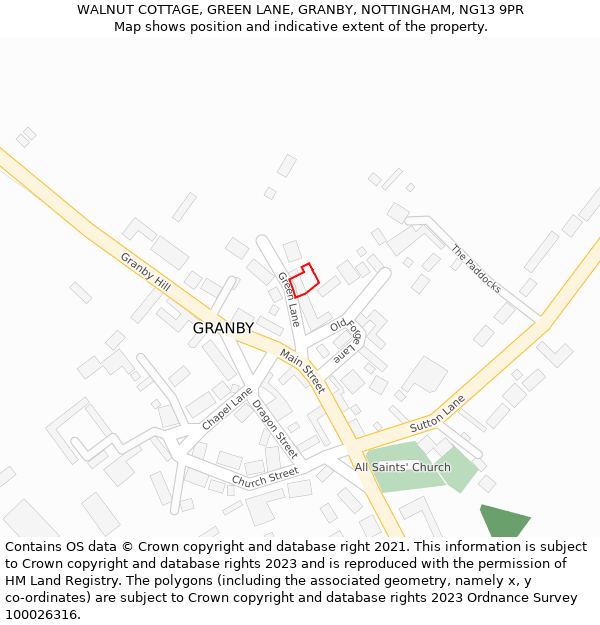 WALNUT COTTAGE, GREEN LANE, GRANBY, NOTTINGHAM, NG13 9PR: Location map and indicative extent of plot