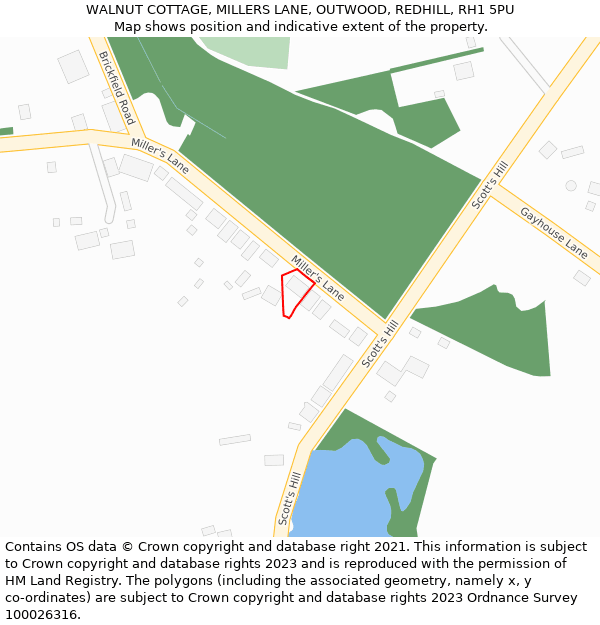 WALNUT COTTAGE, MILLERS LANE, OUTWOOD, REDHILL, RH1 5PU: Location map and indicative extent of plot