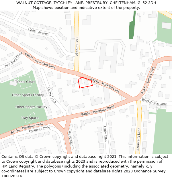 WALNUT COTTAGE, TATCHLEY LANE, PRESTBURY, CHELTENHAM, GL52 3DH: Location map and indicative extent of plot