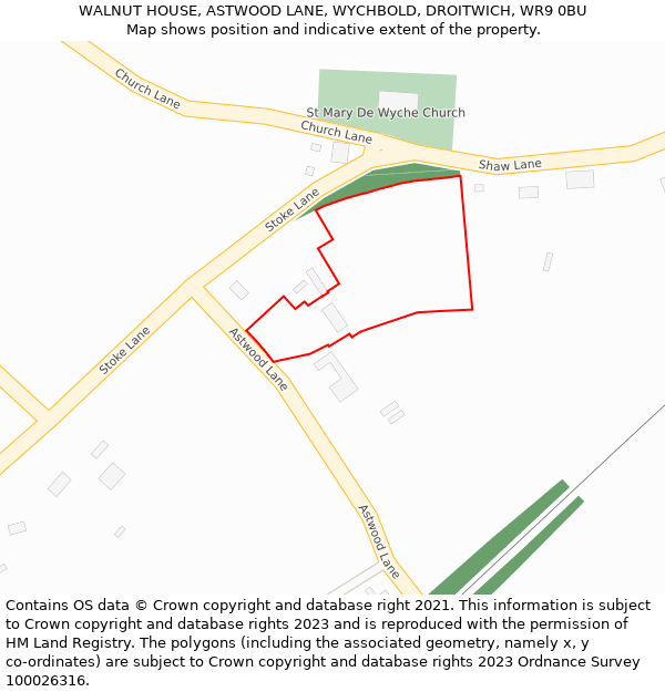 WALNUT HOUSE, ASTWOOD LANE, WYCHBOLD, DROITWICH, WR9 0BU: Location map and indicative extent of plot