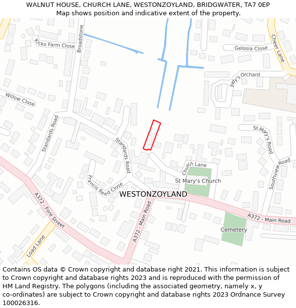 WALNUT HOUSE, CHURCH LANE, WESTONZOYLAND, BRIDGWATER, TA7 0EP: Location map and indicative extent of plot