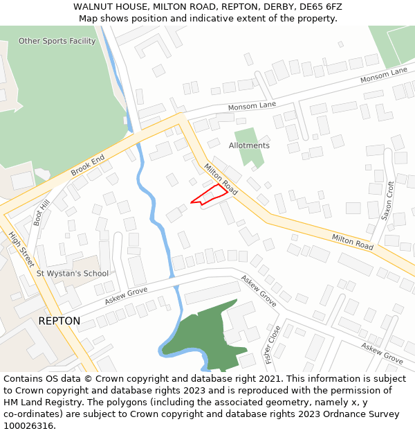 WALNUT HOUSE, MILTON ROAD, REPTON, DERBY, DE65 6FZ: Location map and indicative extent of plot