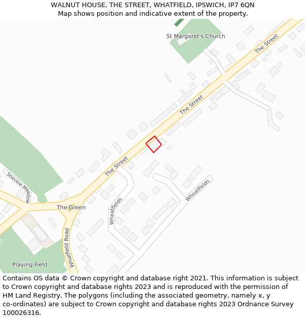 WALNUT HOUSE, THE STREET, WHATFIELD, IPSWICH, IP7 6QN: Location map and indicative extent of plot