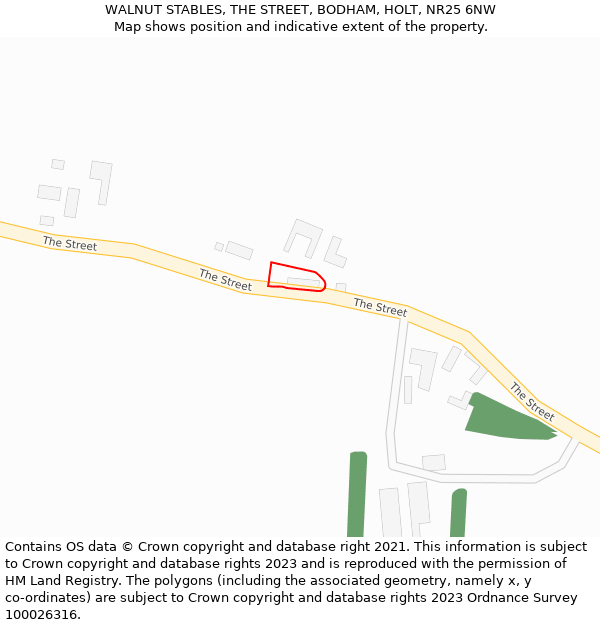 WALNUT STABLES, THE STREET, BODHAM, HOLT, NR25 6NW: Location map and indicative extent of plot