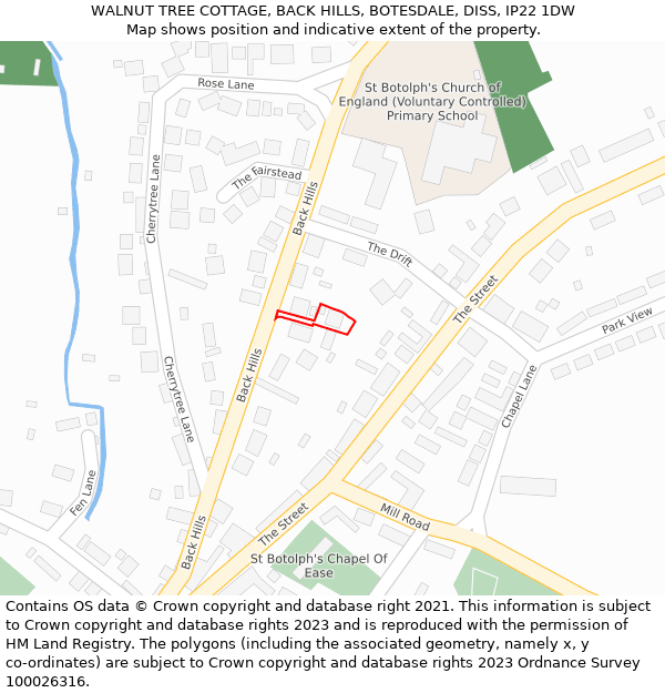 WALNUT TREE COTTAGE, BACK HILLS, BOTESDALE, DISS, IP22 1DW: Location map and indicative extent of plot