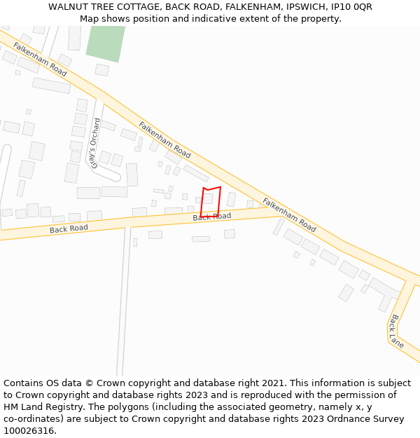 WALNUT TREE COTTAGE, BACK ROAD, FALKENHAM, IPSWICH, IP10 0QR: Location map and indicative extent of plot