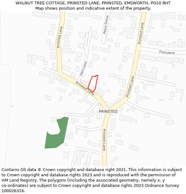 WALNUT TREE COTTAGE, PRINSTED LANE, PRINSTED, EMSWORTH, PO10 8HT: Location map and indicative extent of plot