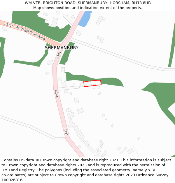 WALVER, BRIGHTON ROAD, SHERMANBURY, HORSHAM, RH13 8HB: Location map and indicative extent of plot