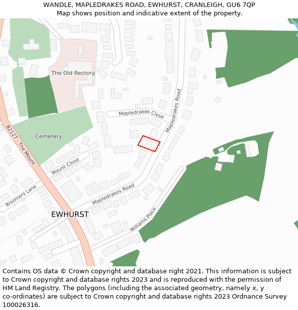 WANDLE, MAPLEDRAKES ROAD, EWHURST, CRANLEIGH, GU6 7QP: Location map and indicative extent of plot
