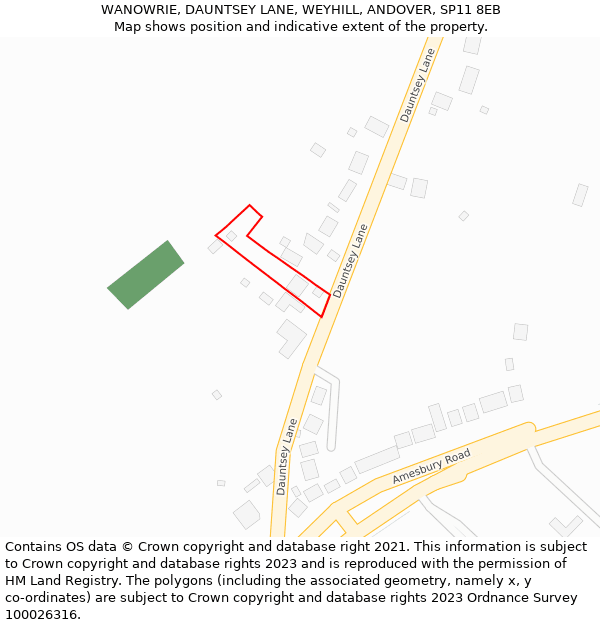 WANOWRIE, DAUNTSEY LANE, WEYHILL, ANDOVER, SP11 8EB: Location map and indicative extent of plot