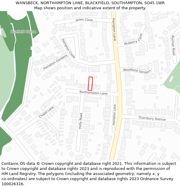 WANSBECK, NORTHAMPTON LANE, BLACKFIELD, SOUTHAMPTON, SO45 1WR: Location map and indicative extent of plot