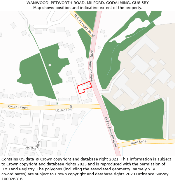 WANWOOD, PETWORTH ROAD, MILFORD, GODALMING, GU8 5BY: Location map and indicative extent of plot