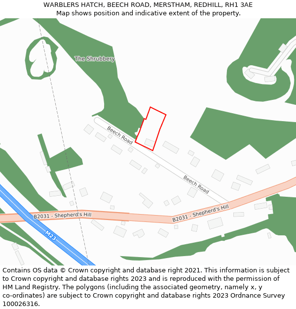WARBLERS HATCH, BEECH ROAD, MERSTHAM, REDHILL, RH1 3AE: Location map and indicative extent of plot