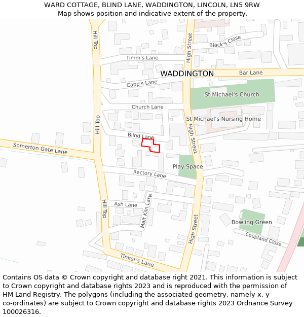 WARD COTTAGE, BLIND LANE, WADDINGTON, LINCOLN, LN5 9RW: Location map and indicative extent of plot