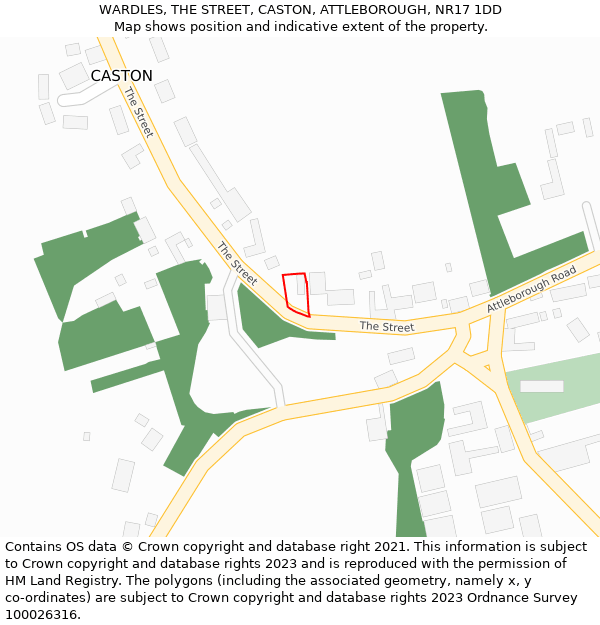 WARDLES, THE STREET, CASTON, ATTLEBOROUGH, NR17 1DD: Location map and indicative extent of plot