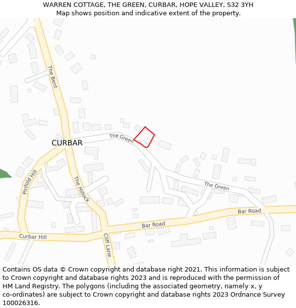 WARREN COTTAGE, THE GREEN, CURBAR, HOPE VALLEY, S32 3YH: Location map and indicative extent of plot