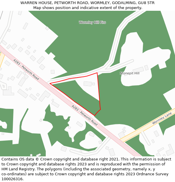 WARREN HOUSE, PETWORTH ROAD, WORMLEY, GODALMING, GU8 5TR: Location map and indicative extent of plot