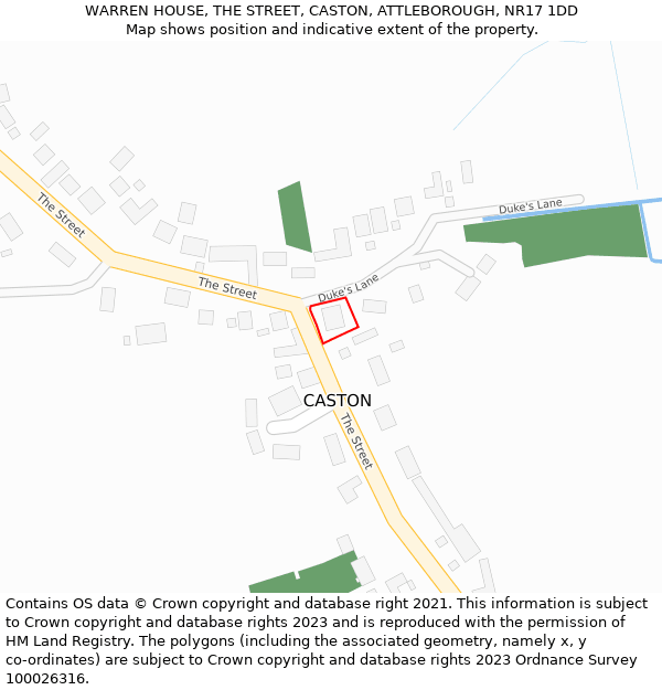 WARREN HOUSE, THE STREET, CASTON, ATTLEBOROUGH, NR17 1DD: Location map and indicative extent of plot