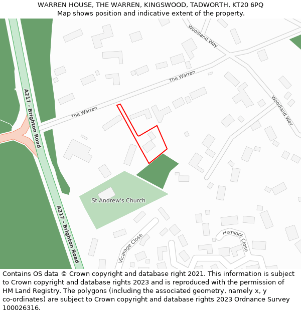 WARREN HOUSE, THE WARREN, KINGSWOOD, TADWORTH, KT20 6PQ: Location map and indicative extent of plot