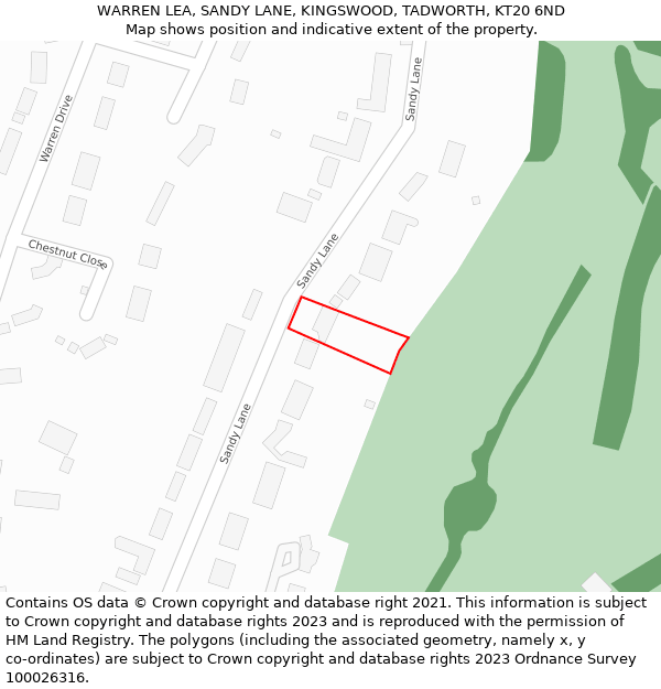 WARREN LEA, SANDY LANE, KINGSWOOD, TADWORTH, KT20 6ND: Location map and indicative extent of plot