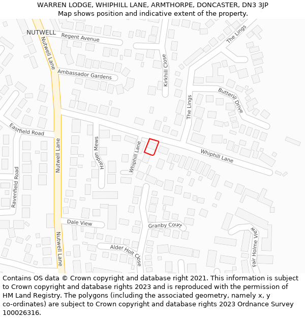 WARREN LODGE, WHIPHILL LANE, ARMTHORPE, DONCASTER, DN3 3JP: Location map and indicative extent of plot